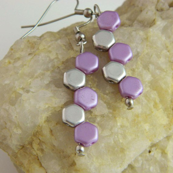 Purple and Silver Honeycomb/Hexagon Dangle Earrings